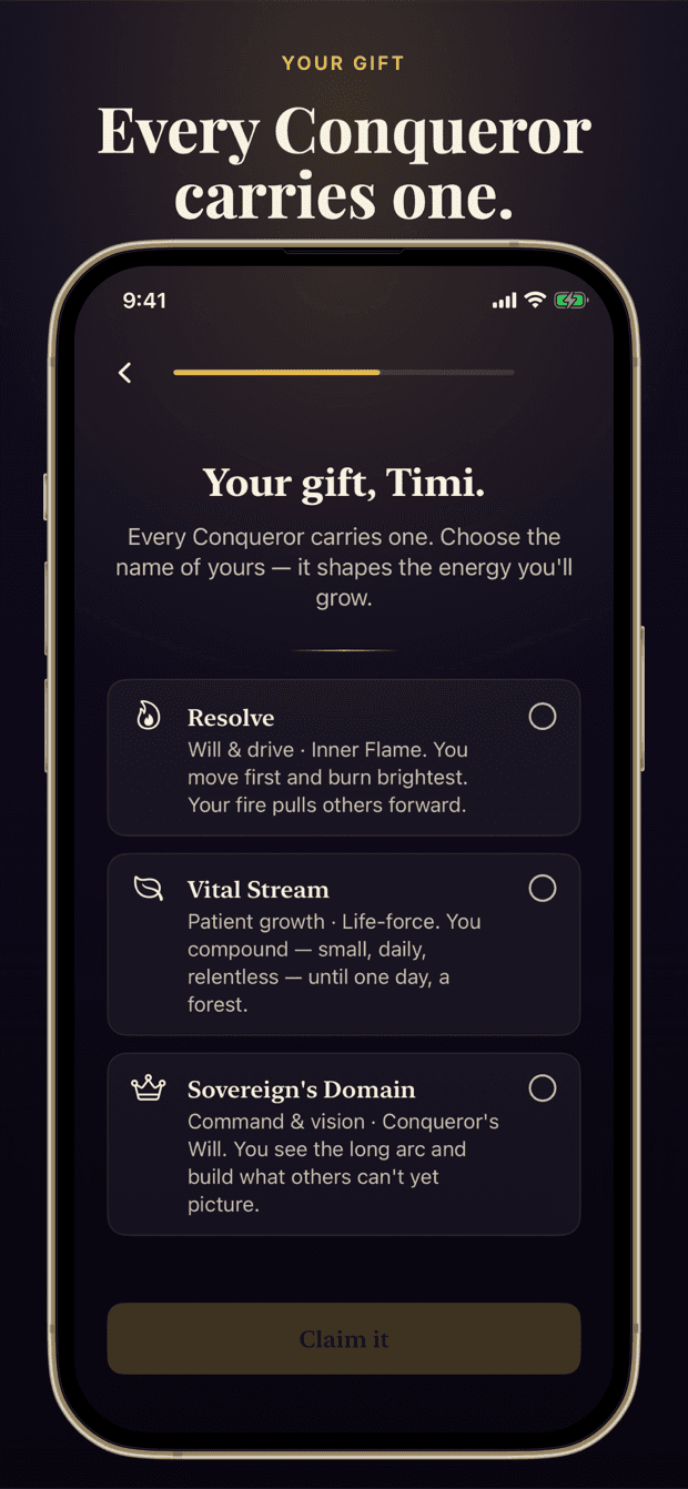 Conquoreum onboarding screen where you name the gift you carry, choosing between options like Resolve, Vital Stream, and Sovereign's Domain.