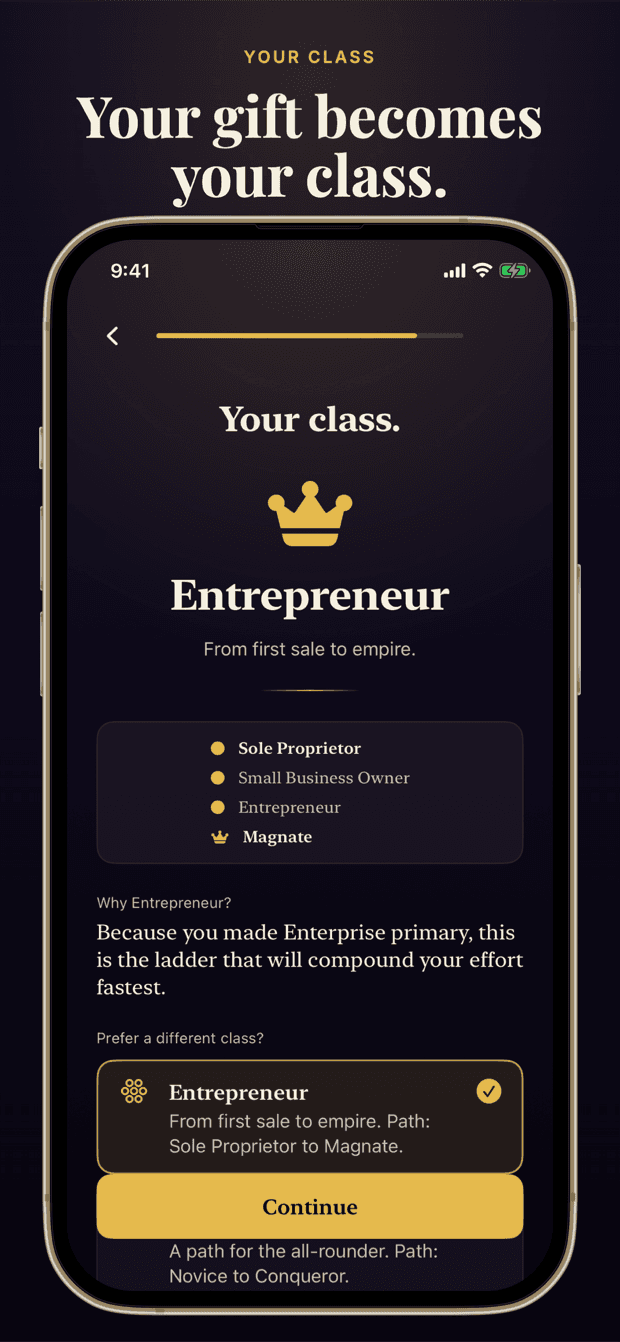 Conquoreum screen where your gift resolves into a Class such as Entrepreneur, with the ascent ladder from Sole Proprietor to Magnate visible.