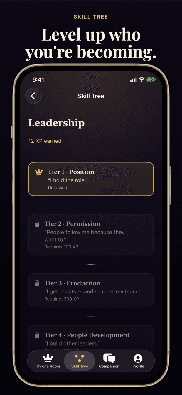 The Conquoreum Skill Tree screen for the Leadership skill, showing Tier 1 Position unlocked and Tiers 2, 3, and 4 ascending above it.