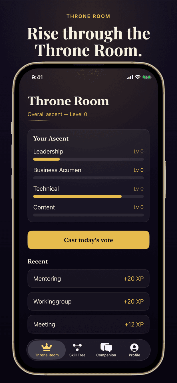 The Conquoreum Throne Room on iPhone: your ascent ladder across Leadership, Business Acumen, Technical, and Content, today's vote to cast, and the recent work that earned XP.