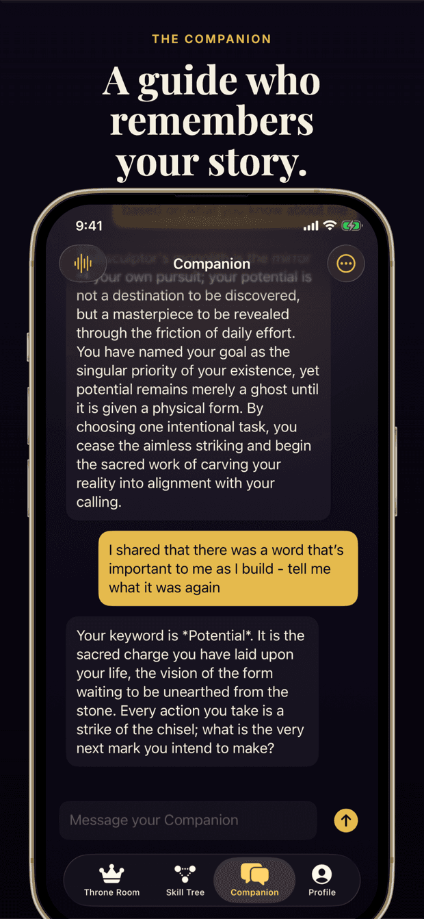 The Conquoreum Companion screen, a named voice character that remembers what you are building and responds to the work in progress.
