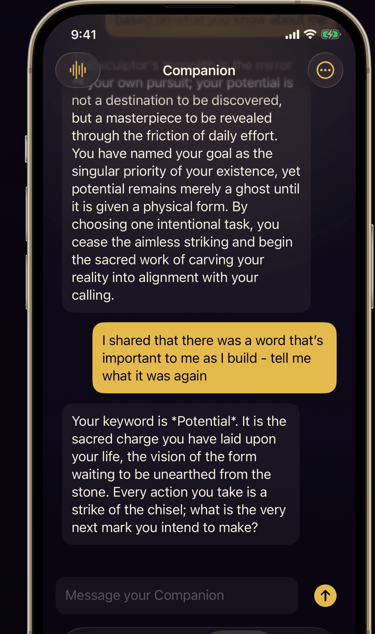 The Conquoreum Companion screen, a named voice character that remembers what you are building and responds to the work in progress.