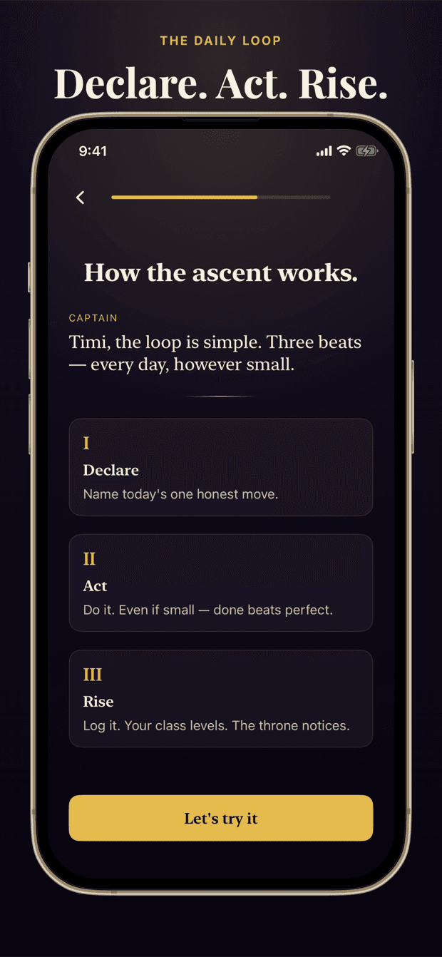 The Conquoreum daily loop on iPhone: Declare, Act, Rise, three beats a day that turn small reps into visible ascent.