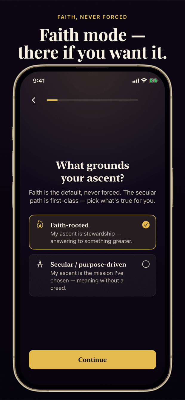 The Conquoreum Faith mode screen titled What grounds your ascent, with two first-class options: Faith-rooted and Secular, purpose-driven.
