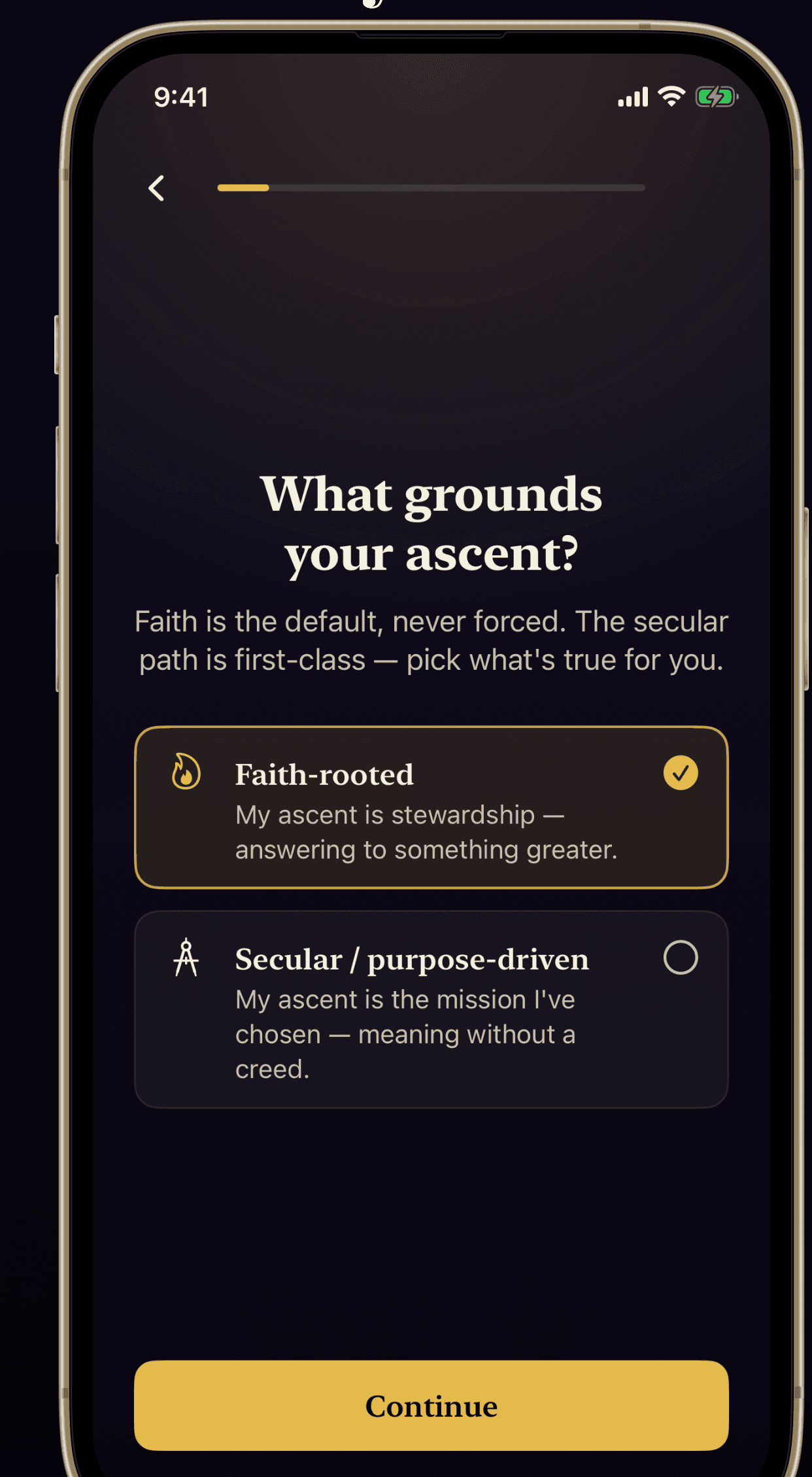 The Conquoreum Faith mode screen titled What grounds your ascent, with two first-class options: Faith-rooted and Secular, purpose-driven.