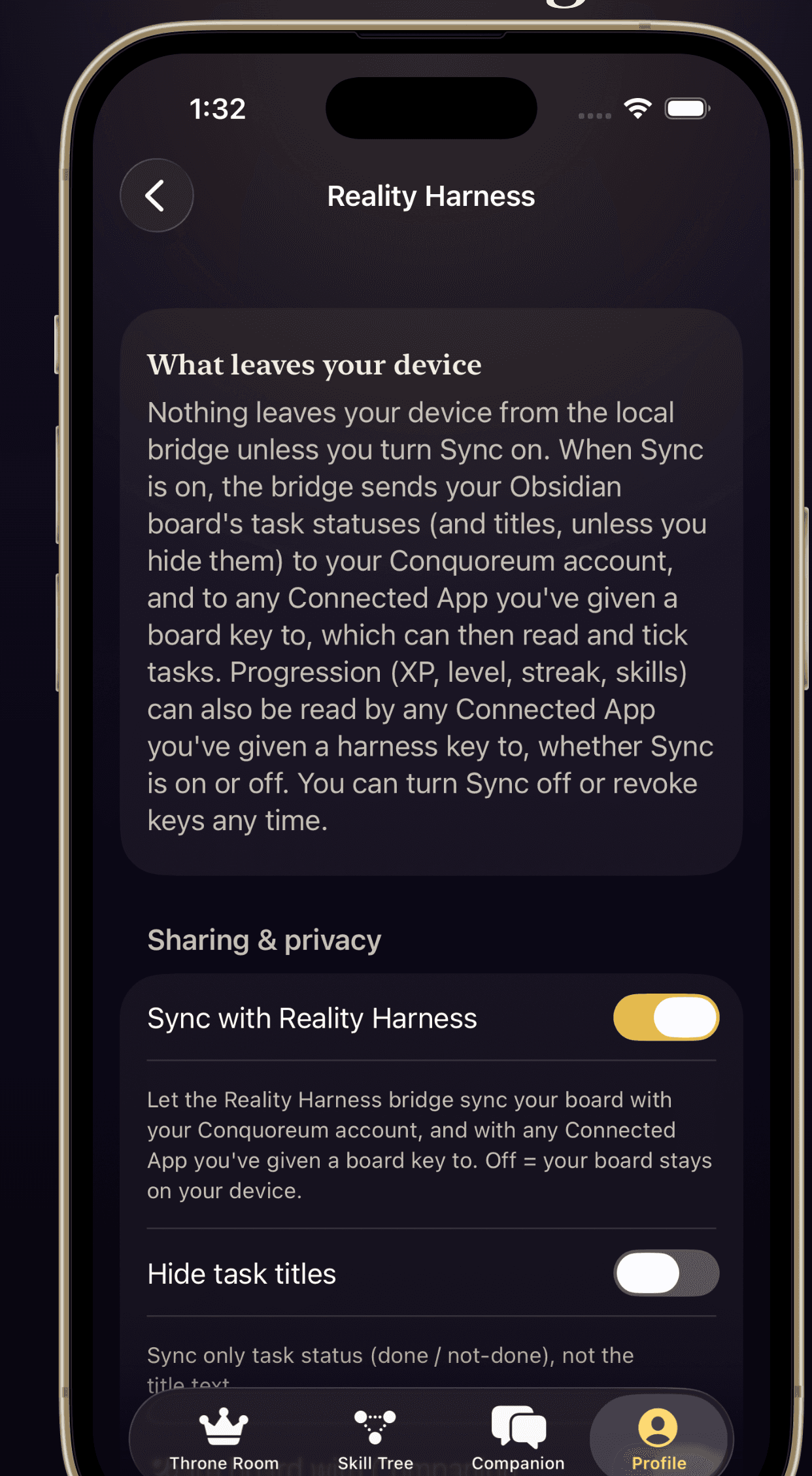 The Conquoreum Reality Harness privacy settings screen, showing what leaves the device when Sync is on and the toggles that control it.